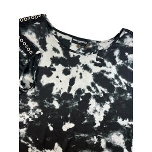 Karl Lagerfeld Womens M Tie Dye Blouse Black White Rivet Lace Sleeve Grunge Goth